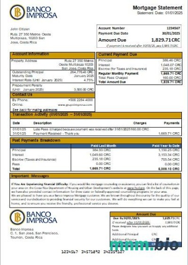 Kostaryka Banco Improsa wyciąg z kredytu hipotecznego szablon Word i PDF